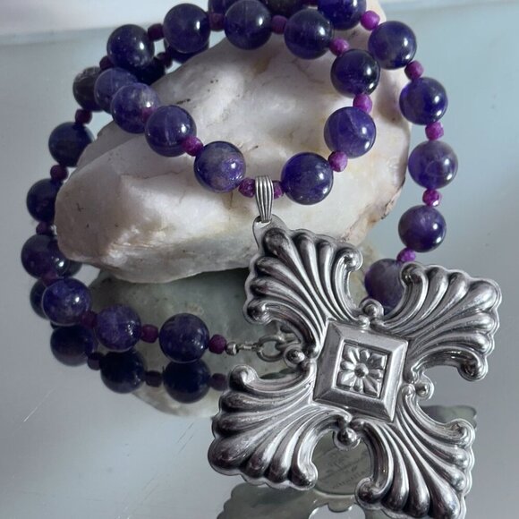 Maltese Cross Sterling Silver Genuine Ruby Amethyst Necklace 925 Choker Gift - Picture 3 of 8